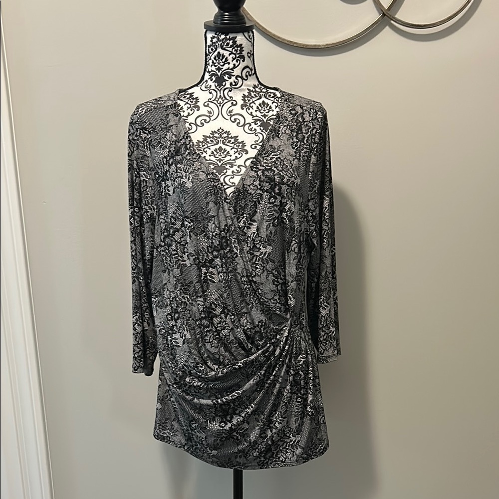 NWOT.  Lane Bryant Black & Gray Wrap Ruched Blouse with 3/4 sleeve.